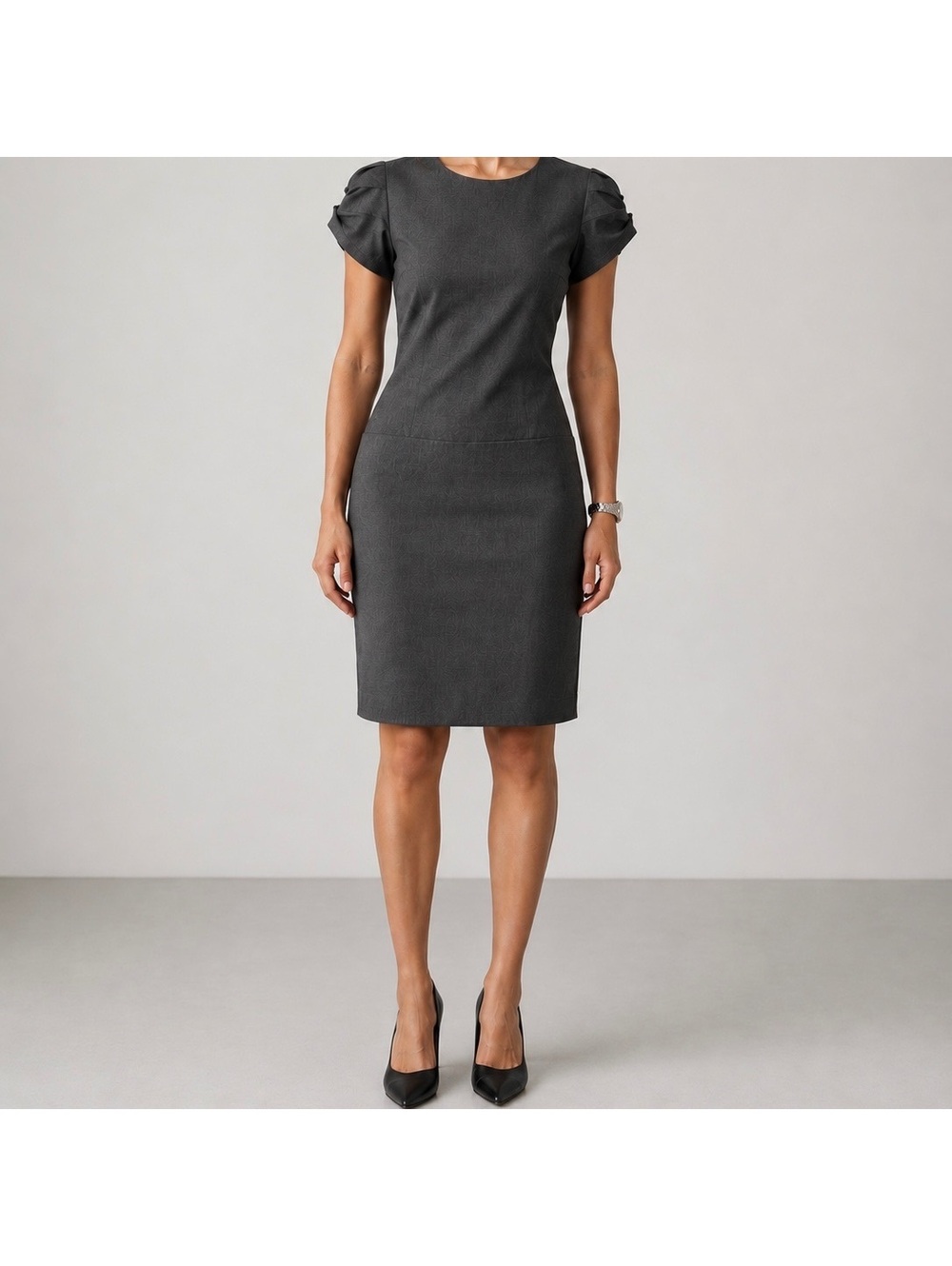 Theory Gray Wool Crepe Suiting Mini Dress with Pleated Short Sleeves